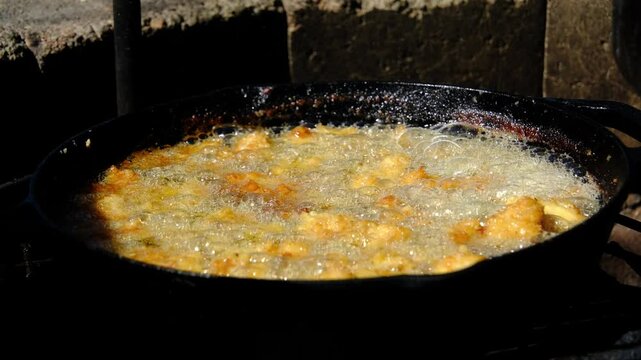 Deep frying catfish nuggets or fish in batter and breadcrumbs in cast iron skillet or pan over firepit while camping outdoors