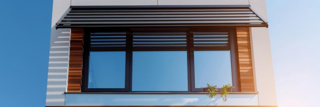 Modern window with blinds and awning, showcasing sleek design and natural light.