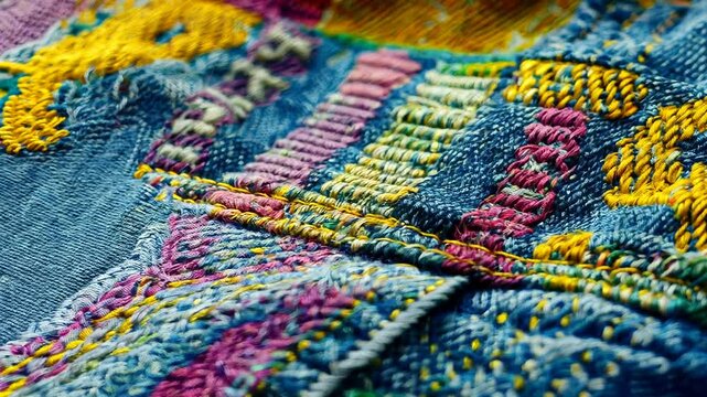 Colorful patchwork of denim with the numbers 23 and the letters F and J. The patchwork is sewn together with a variety of colors and patterns