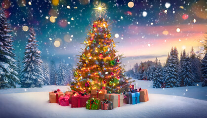 Obraz premium Magical winter wonderland a christmas tree surrounded by gifts in a snowy forest