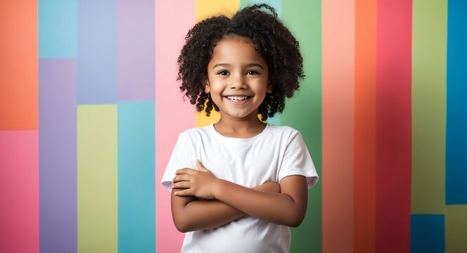 mixed race kid girl colorful background wearing plain white tshirt smiling happy portrait