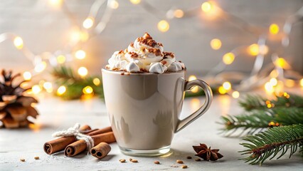 Festive cup of hot chocolate with whipped cream, cocoa sprinkle, and mini marshmallows on white backdrop