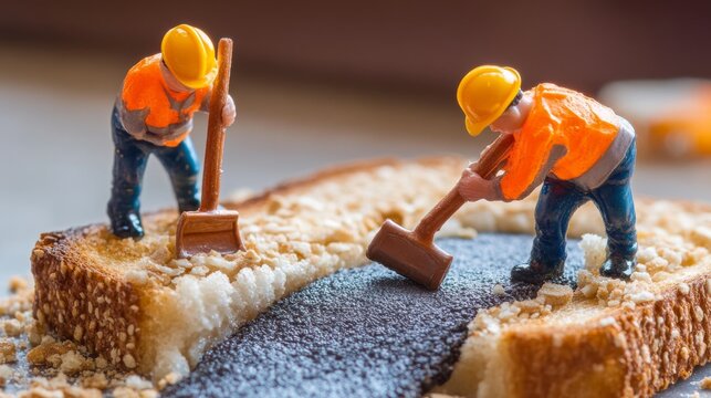 Miniature construction workers building a road on a slice of toast concept.