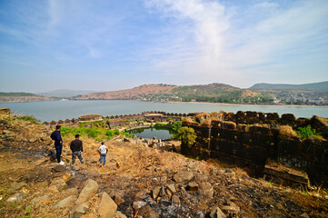 View of Arabian sea and mountain ranges from Murud Janjira fort, an ancient island naval defense fort, Maharashtra, INdia. 