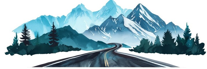 Scenic mountain road with snow capped peaks and lush green trees