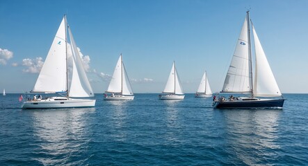Fototapeta premium Blue and white sailboat ocean background sailboats on calm summer waters under a bright sky
