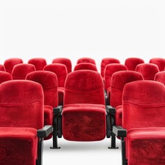 Obraz premium Rows of empty red theater seats against a white background.