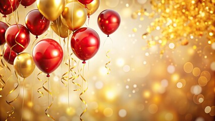 Festive gold and red balloons with streamers against a bokeh background