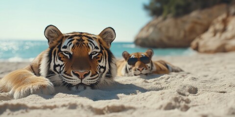 Obraz premium Two happy tigers on a beach with a smile and wearing sunglasses