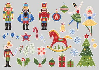 Christmas sticker set with Nutcracker, baljerina and festive symbols and design elements. Perfect for posters, postcard, invite, wall art, banner, card, cover. Transparent background.
