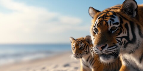 Obraz premium Two happy tigers on a beach with a smile and wearing sunglasses
