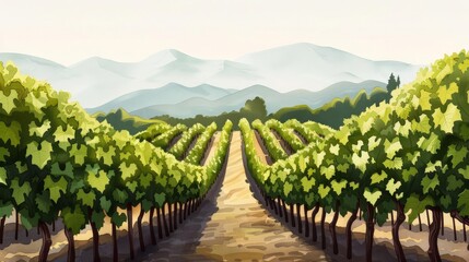 Naklejka premium Vineyard rows with mountains in the background.
