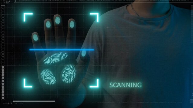 Man hand touches glass screen panel, holographic scanner interface scanning prints on male palm checking safety identification. - Powered by Adobe