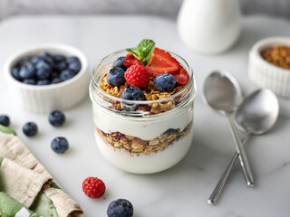 Layered vegan parfait in a glass jar with coconut yogurt, berries, granola, and maple syrup on a white marble background ai.