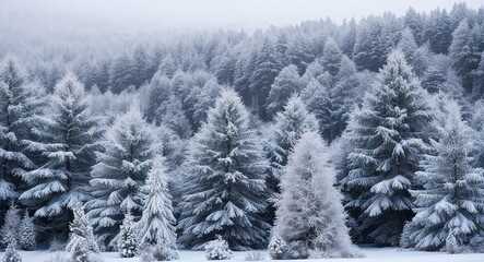 Frosty snow covered trees background dense evergreen trees covered in a blanket of snow
