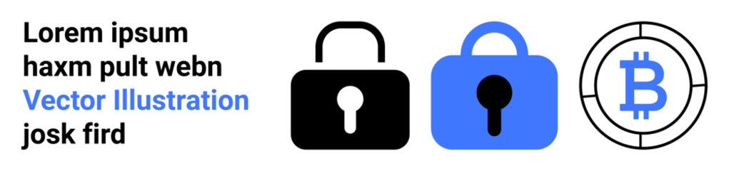 A visual featuring a black lock, a blue lock, and a Bitcoin symbol. Ideal for security, online transactions, cryptocurrency, data protection, and digital finance themes. Banner for landing page