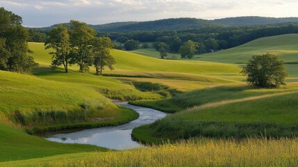 Serene Summer Landscape with Rolling Hills and Stream