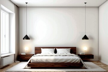 Contemporary bedroom with light wall and copy space. Empty white wall with copy space.