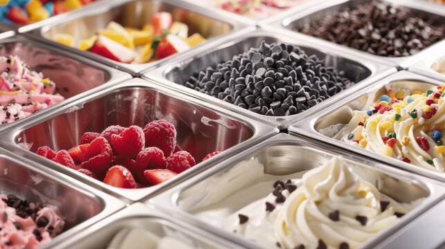 A selfserve frozen yogurt machine with options for toppings such as sprinkles chocolate chips and fresh fruit.
