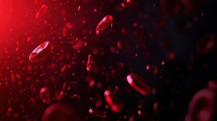 A close-up of red blood cells in a dark background highlights their unique disc shape and rich hue. Ideal for medical, scientific, or educational content on biology or anatomy.