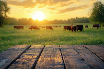Fototapeta premium Empty wooden table in the field background with cows. For product display. 