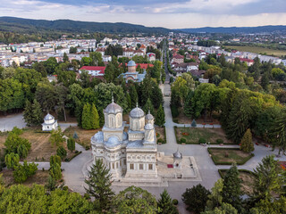 Aerial drone View of Curtea de Arges with your Monastery, Romania