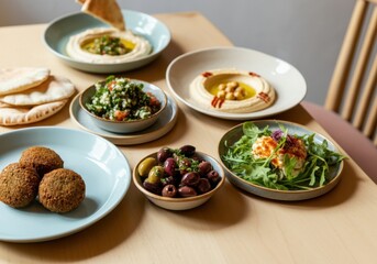 Light wooden or marble table with plates of Mediterranean dishes: pita, hummus, falafel, olives