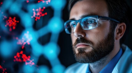 A focused male scientist in glasses studies a 3D molecular model in a vibrant lab. Dressed in a white coat, he embodies innovation in chemistry or biotechnology research.