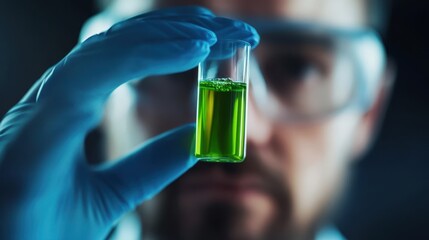 A scientist in safety goggles and blue gloves inspects a test tube with vibrant green liquid. blurred background highlights the experiment, embodying curiosity and scientific exploration.