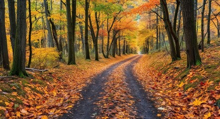 Naklejka premium Rustic autumn forest trail background a narrow trail covered in fallen autumn leaves