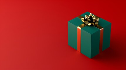 3D Elegant Green Gift Box with Golden Ribbon on Red Background. Christmas Theme.