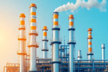 Refinery plant with steam rising, busy but organized, efficient fuel processing.