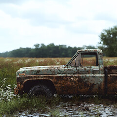 dirty farmer pickup parked in distance on field, realistic, side view