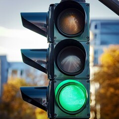 A traffic light with green light from the close view in the city