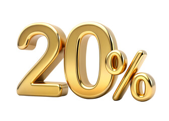 3D Golden twenty percent 20% isolated on white background as transparent. PNG