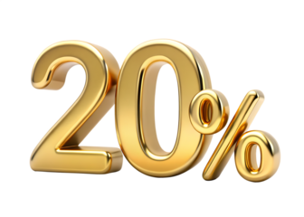 3D Golden twenty percent 20% isolated on white background as transparent. PNG