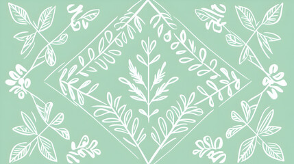 A geometric spring background with thin white lines forming symmetrical patterns of flowers and leaves on a pastel green canvas
