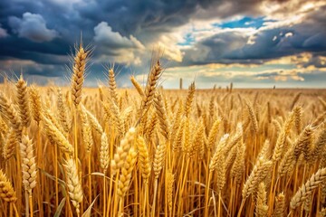 Fototapeta premium Field of asymmetrical wheat growing under a cloudy sky
