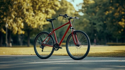 Fototapeta premium A red mountain bike stands on a paved path in a park with green trees in the background.