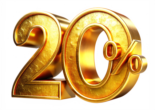 3D Golden twenty percent 20% isolated on white background as transparent. PNG