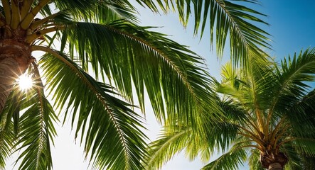 Tropical palm tree leaves background lush green palm leaves swaying under the summer sun