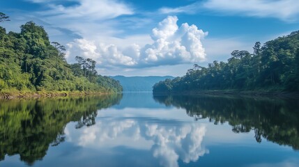 Fototapeta premium A serene lake surrounded by majestic mountains, reflecting clouds in the clear blue sky, with lush green forests lining the shores on a beautiful summer day