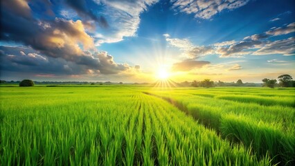 Obraz premium Field of green rice in the sun