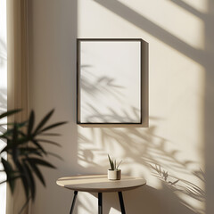 Fototapeta premium black frame mockup in the living room, gray wall background with coffee table, plant shadow, minimalist soft style