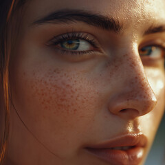 Close-up portrait of a woman with freckles and captivating eyes
