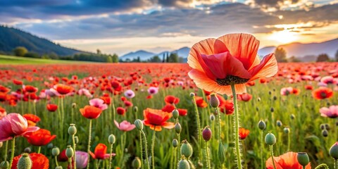 Fototapeta premium Field of poppy flowers in the valley of a farm