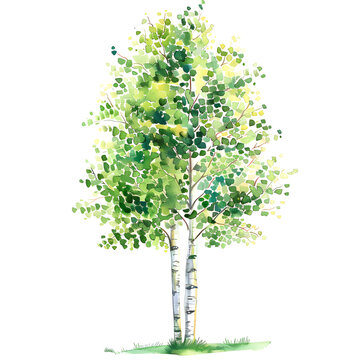 watercolor birch tree with green leaves clip art preview