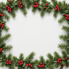 Christmas tree branches border garland on white background