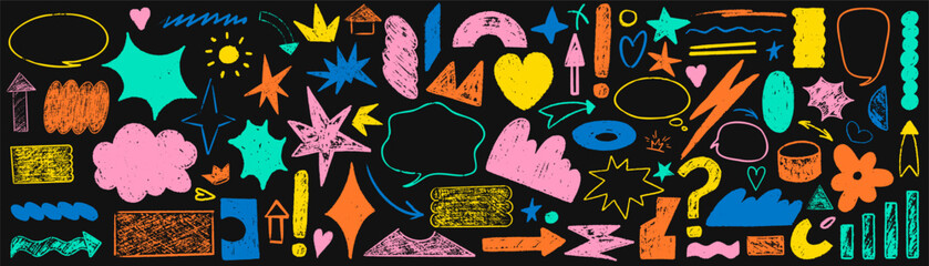 Hand drawn arrow scribble crayon set. Squiggle, scratch doodle kid arrow star set. Crayon scratch texture shape children kid naive. Vector illustration