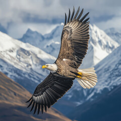 Obraz premium Majestic bald eagle soars over snow-capped mountain landscape